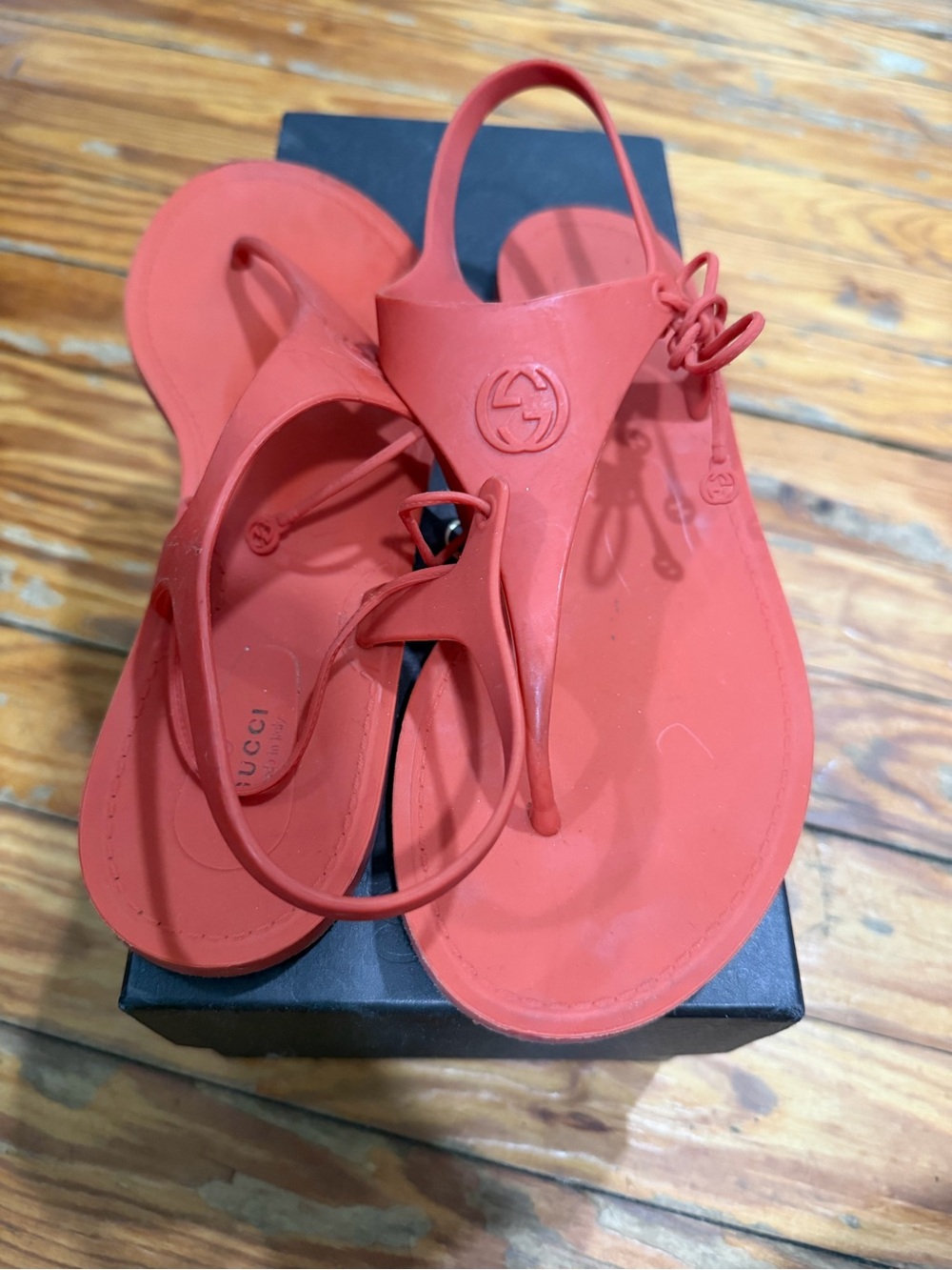 Gucci Orange Interlocking G Tie Thong Sandals Size 38